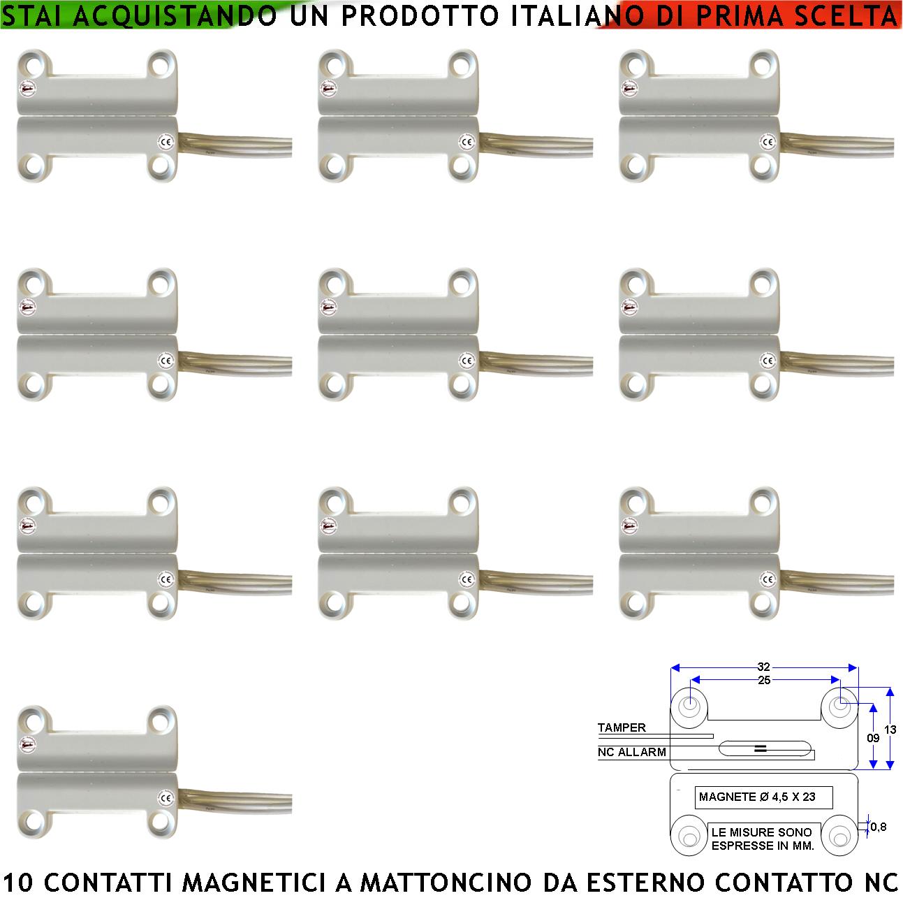 Rilevatore Magnetico da Esterno 10 Pezzi Per Antifurto Porte Infissi Contatto Reed NC Ampolla Sottovuoto Sensibilità Magnetica 13 mm Tensione Max 100 V Carico Resistivo 1 A IP65 4 Fili 2 NC e 2 Tamper