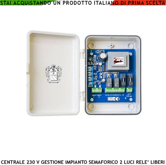Scheda Elettronica Comando 2 Semafori 2 Luci Alimentazione Separata Funzione Ciclica o Prenotazione 2 Ingressi x Sensori Transito Tempi da 3 a 120 Secon. Uscita 24 V Contenitore ABS IP55 Misure H167L125P73 mm Aliment. 230 V Uso Rampa Garage