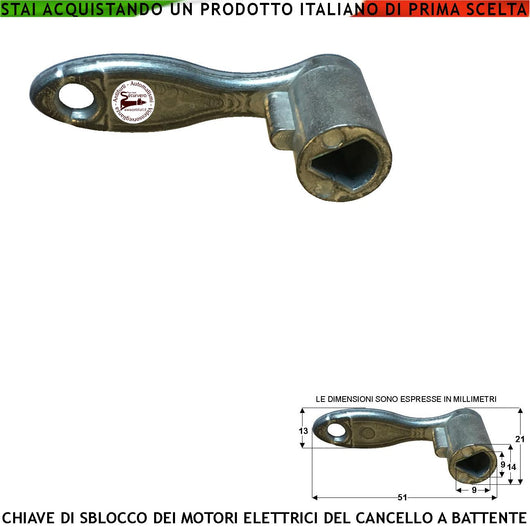 Chiave Sblocco Fusione di Alluminio Necessaria per Sbloccare i Motori Elettrici Autobloccanti Utilizzati per Automatizzare Cancelli ad Ante Battenti in Emergenza Per Mancanza Rete Corrente Elettrica