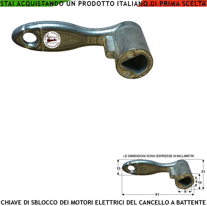 Chiave Soccorso Fusione di Alluminio Utile per Sbloccare i Motori Elettrici Autobloccanti Utilizzati per Automatizzare Cancelli ad Ante Battenti Sblocco Per Mancanza Corrente Elettrica o Manutenzione