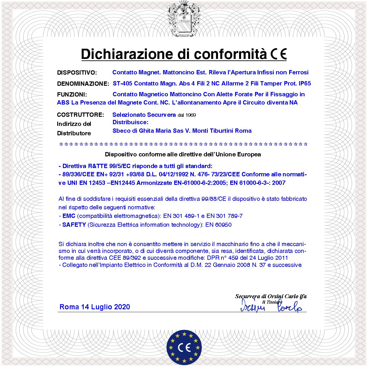 Contatto Magnetico Esterno 10 Pezzi Con Alette di Fissaggio Forate Reed Sottovuoto Sensibilità Magnetica 13 mm Tensione Max 30V 0,5 A Carico Resistivo Uscita 4 Fili 2 NC e 2 Tamper Cover ABS Pr. IP65