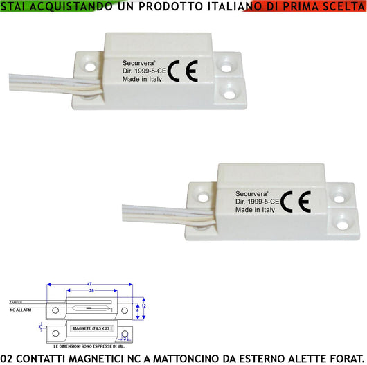Contatti Magnetici da Esterno 2 Pezzi Con Alette di Fissaggio Reed Sottovuoto Sensibilità Magnetica 13 mm Tensione Max 30 V 0,5 A Carico Resistivo Uscita 4 Fili 2 NC e 2 Tamper Cover ABS Prot. IP65