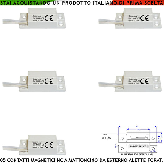 Contatto Magnetico Esterno 5 Pezzi Con Alette di Fissaggio Forate Reed Sottovuoto Sensibilità Magnetica 13 mm Tensione Max 30 V 0,5 A Carico Resistivo Uscita 4 Fili 2 NC e 2 Tamper Cover ABS Pr. IP65