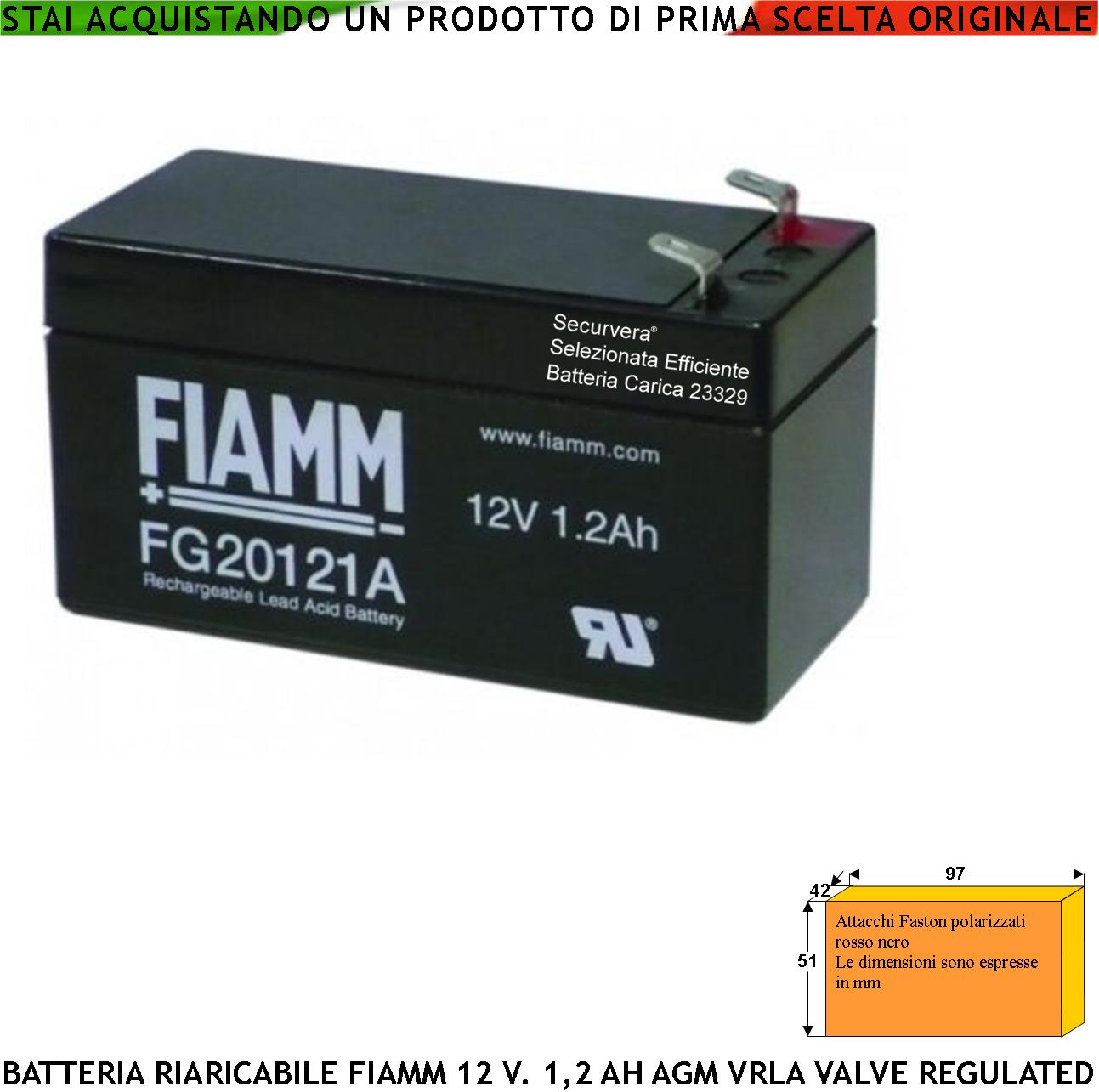 Batteria Ermetica Antifurto 12 V. 1,2 Ah AGM VRLA Valve Regulated Collegamento Tramite 2 Faston 5 mm Polarizzati Selezionata da Securvera Batteria Caricata Marca Fiamm PRC Dimensioni L97XP42XH51 mm