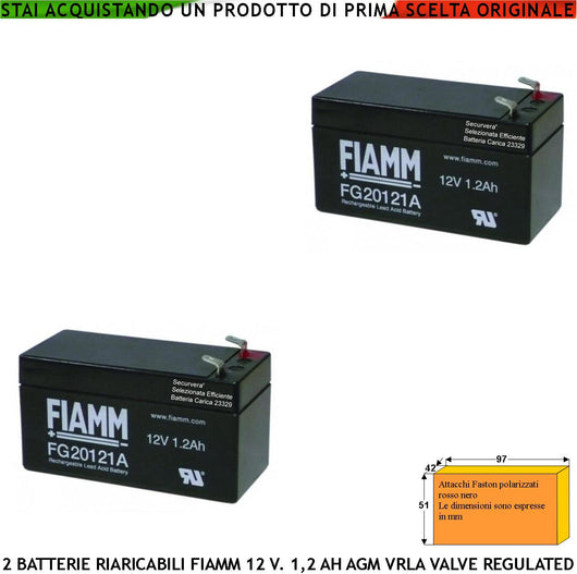 Batterie Ricaricabili 12 V. 1,2 Ah 2 Pezzi Ermetiche AGM VRLA Valve Regulated Collegamento Tramite 2 Faston 5 mm Polarizzati Marca Fiamm PRC Selezionata Caricata da Securvera Dimensioni L97XP42XH51 mm