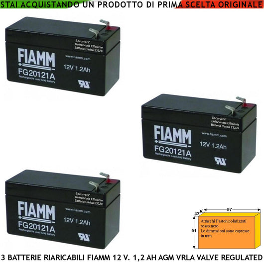 Batterie Ricaricabili 12 V. 1,2 Ah 3 Pezzi Ermetiche AGM VRLA Valve Regulated Collegamento Tramite 2 Faston 5 mm Polarizzati Marca Fiamm PRC Selezionata Caricata da Securvera Dimensioni L97XP42XH51 mm