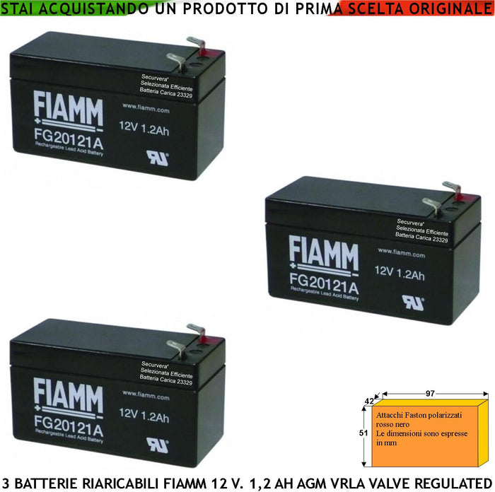 Batteria Ermetica Antifurto 12 V. 1,2 Ah Tre Pezzi Collegamento Tramite 2 Faston 5 mm Polarizzati AGM VRLA Valve Regulated Selezionata da Securvera Caricata Marca Fiamm PRC Dimensioni L97XP42XH51 mm