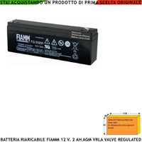 Batteria Ermetica Antifurto 12 V. 2 Ah Collegamento Tramite 2 Faston 5 mm Polarizzati AGM VRLA Valve Regulated Selezionata da Securvera Caricata Marca Fiamm PRC Dimensioni L178XP34XH60 mm Peso 930 gr