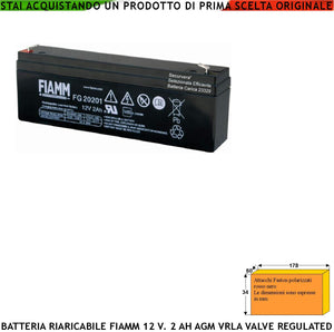 Batteria Ermetica Antifurto 12 V. 2 Ah Collegamento Tramite 2 Faston 5 mm Polarizzati AGM VRLA Valve Regulated Selezionata da Securvera Caricata Marca Fiamm PRC Dimensioni L178XP34XH60 mm Peso 930 gr