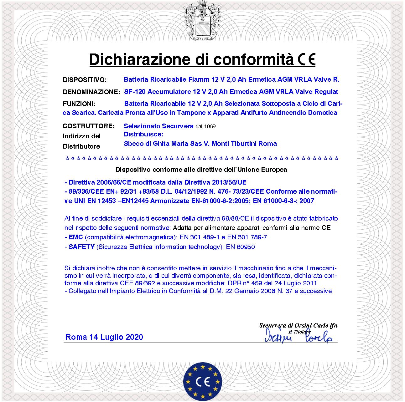 Batteria per Sirena 12 V 2 Ah 2 Pezzi Collegamento Tramite 2 Faston 5 mm Polarizzati Ermetica AGM VRLA Valve Regulated Selezionata da Securvera Caricata Marca Fiamm PRC Dimensioni L178XP34XH60 mm