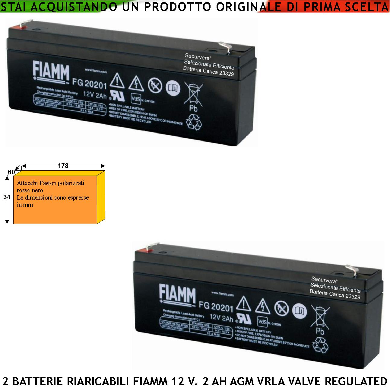 Batteria Ermetica Antifurto 12 V. 2 Ah 2 Pezzi Collegamento Tramite 2 Faston 5 mm Polarizzati AGM VRLA Valve Regulated Selezionata da Securvera Caricata Marca Fiamm PRC Dimensioni L178XP34XH60 mm