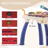 Pianola per Bambini 3-6 Anni con Sgabello, Microfono, Tamburo e Bacchette, in PP e ABS, 74x32.2x71 cm