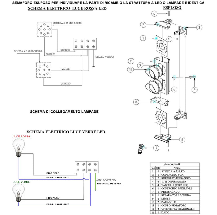 Semaforo Luce Gialla Lampada Industriale 70 W Alimentazione 230 V 50 Hz Frontalino Vetro Sintetico Cerchi Concentrici Effetto Lente Luce Puntiforme Ø 124 mm IP65 Orientabile Orizzontale 180 Gradi