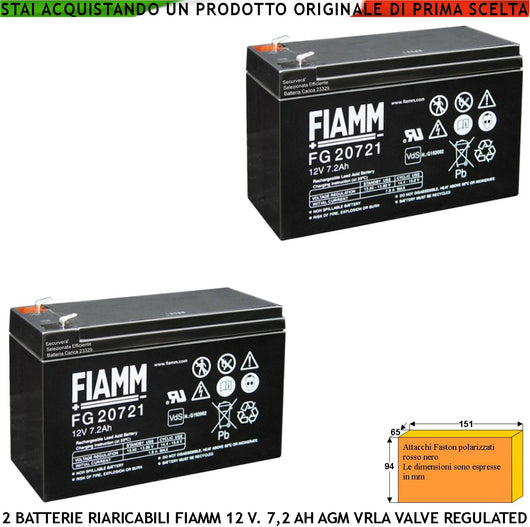 Batteria Ermetica Antincendio 12 V 7,2 Ah 2 Pezzi Collegamento Tramite 2 Faston 5 mm Polarizzati AGM VRLA Valve Regulated Caricata Marca Fiamm PRC Selezionata da Securvera Misure L178XP34XH60 mm