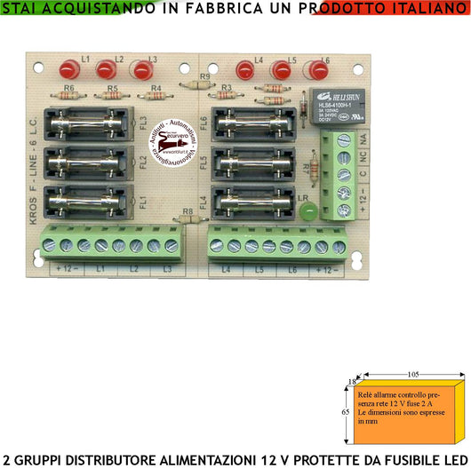 Alimentazioni 12 V Protette da Fusibile Distribuite in 2 Gruppi Con 6 Uscite Segnalazione Interruzione Singola e Anomalia Generale Tramite Relè Contatti Puliti Utile Protezione Delle Periferiche