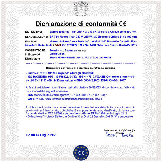 Motore Titan 230 V Ricambio Cancello Anta 2,5 MT Lato Sinistro Stelo 400 mm Dotato di staffe e bulloni Sblocco a Chiave Potenza 280 W Corpo In Alluminio Pressofuso IP55 Protezione 135° Spinta 3 Q.li