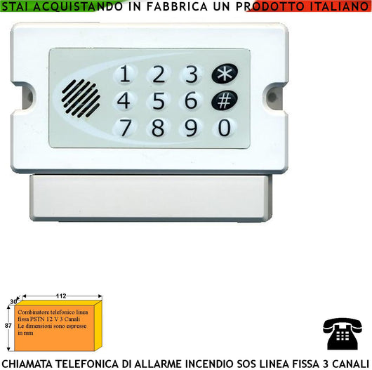 Combinatore PSTN Chiamata Telefonica Soccorso 3 Canali Programmabili 3 Messaggi da 15” Sintesi Vocale Richiama 2/9 Volte SOS Allarme Furto Incorpora Microfono e Altoparlante Blocco Chiamate Alim. 12 V