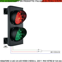 Semaforo Autolavaggio 2 Luci Led Schede 24 Led Rossi e 24 Led Verdi Alimentazione 230 V 50 Hz 3 W Vetri Effetto Lente Ø 124 mm IP65 Luce Puntiforme Orientabile Orizzontale 180 Gradi Misure H345XL180XP290 mm Peso 2,2 Kg Comandato da Presidio
