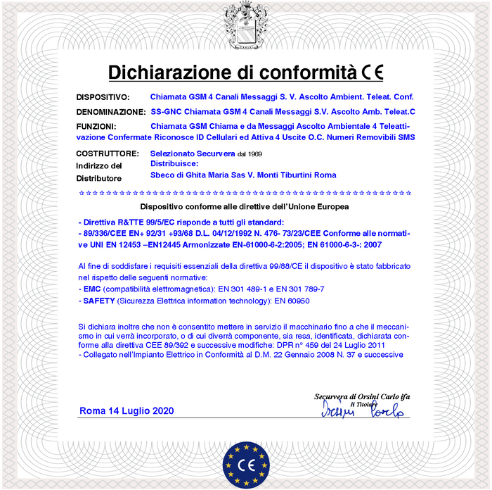 Chiamata Allarme GSM 40 Numeri su 4 Canali 4 Messaggi Voce Microfono Esterno Ascolto Ambientale Conferma Attivazioni Telesoccorso Memorizza Eventi Per Data Password Apri Cancello di Accesso e Blocco