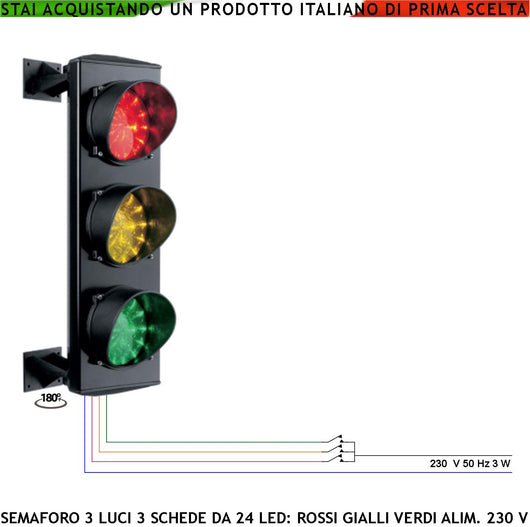 Ricambio Impianto Semaforico Semaforo 3 Luci Led Alta Luminosità Scheda 24 Led Rossi 24 Led Gialli 24 Led Verdi 230 V 50 Hz 3 W Vetro Ø 124 mm Luce Puntiforme Fissaggio a Parete IP65 Orientabile 180°