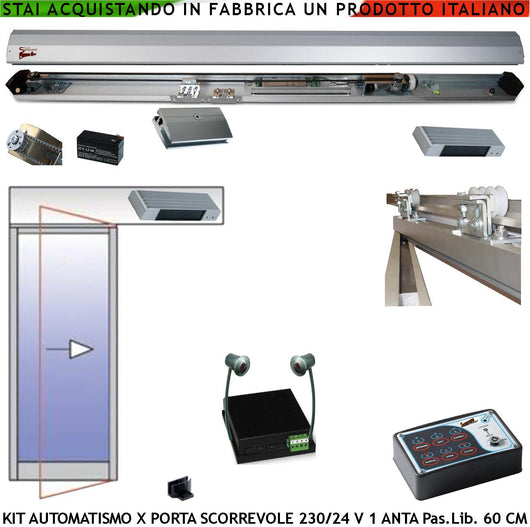 Porta Scorrevole Esistente 700 mm Kit Automatismo Passaggio L. 600 mm Elettronica Encoder Automatico Pinza Trasmissione Cinghia Ruote Autolubrif. Sens. Avvicin. Antischiac. Abbat. Parz. Alim. 230/24 V