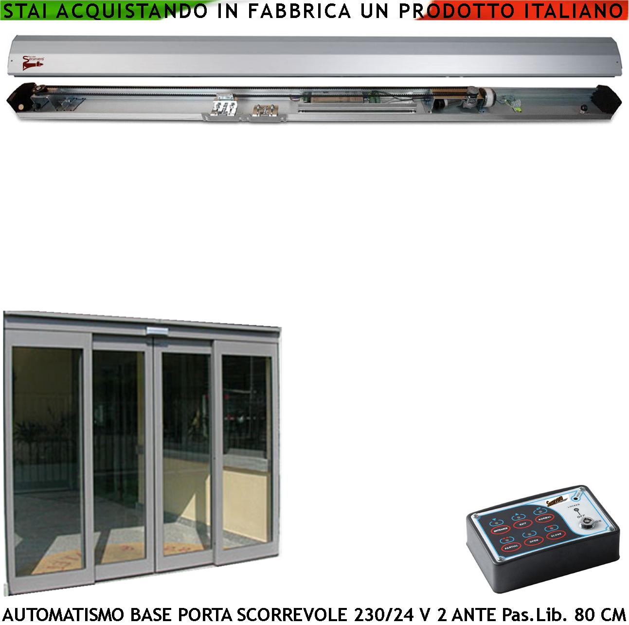 Porte Scorrevoli Esistenti Due da 450 mm Passaggio L 800 mm Kit Base Automatismo Con Trasmissione Tramite Cinghia Cuscinetti Autolubrificanti Controllo Elettronico Automatico Encoder Aliment. 230/24 V