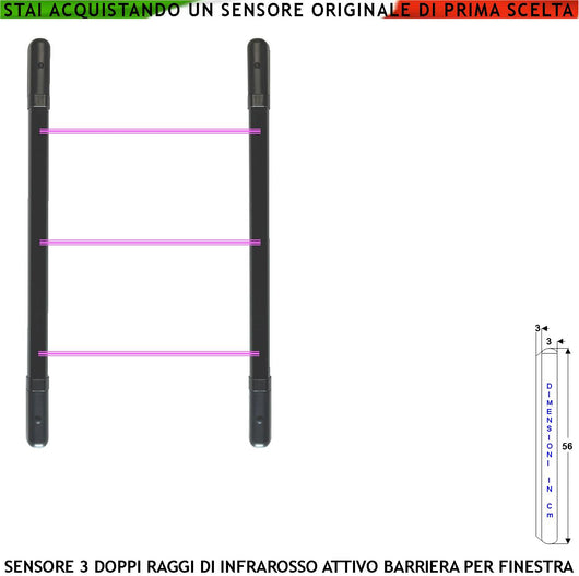 Barriera Infrarossi TX e RX 3 Multifasci Segnalazione Allarme Rispetto a Quanti Fasci Interrotti Secondo Programmazione Relè Libero Tamper Esclusione Led e Cicalino Alim. 12 V Misure H560XL30XP30 mm