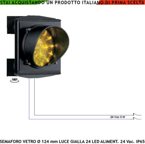 Semaforo Luce Gialla Puntiforme Scheda 24 LED Gialli Alimentazione 24 Vac 3 W Vetro Effetto Lente Ø 124 mm Supporti di Fissaggio ABS Orientabile 180° Profilato Alluminio IP65 Ripete il Segnale Attesa