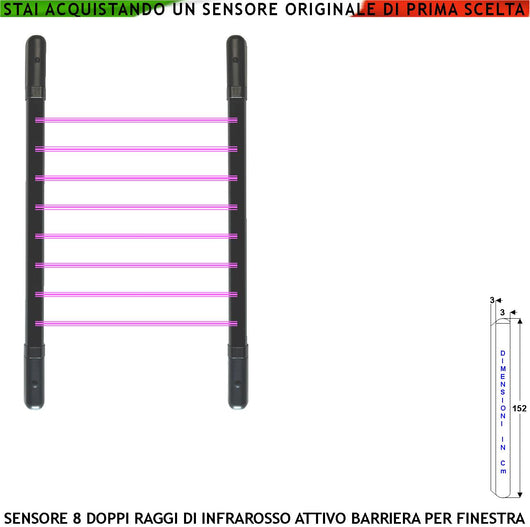 Barriera Infrarossi Attivi 8 Multifasci Segnalazione Allarme Rispetto a Quanti Fasci Interrotti Secondo Programmazione Relè Libero Tamper Esclusione Led e Cicalino Alimen. 12 V Misure H1520XL30XP30 mm