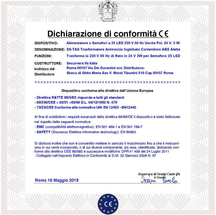 Trasformatore Ingresso 220 V 50 Hz Uscita 24 V 3 VA Alimentazione Targhe Lampeggianti a Led Inglobato in Resina Autoestinguente Alette di Fissaggio Forate