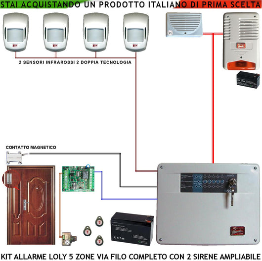 Kit Antifurto Impianto Loly Centrale Diana 5 Zone Sensori di Movimento 2 Infrarossi e 2 Doppia Tecnologia Contatto Magnetico Sirena Interna ed Esterna Lampegggiante Chiave Digitale Proxi 3 Trasponder
