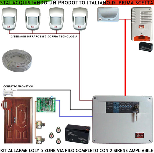 Kit Impianto Antifurto Loly 5 Zone Sensori di Movimento 2 Infrarossi e 2 Doppia Tecnologia Contatto Magnetico Sirena Interna 1 Esterna Lampegggiante Chiave Proxi 2 Lettori 3 Trasponder Cavo 2+4 100 MT