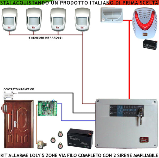 Kit Antifurto Impianto Loly Centrale Via Filo Diana 5 Zone 4 Sensori di Movimento Infrarossi Contatto Magnetico Per Porta Sirena Interna ed Esterna Lampegggiante Chiave Digitale Proxi 3 Trasponder
