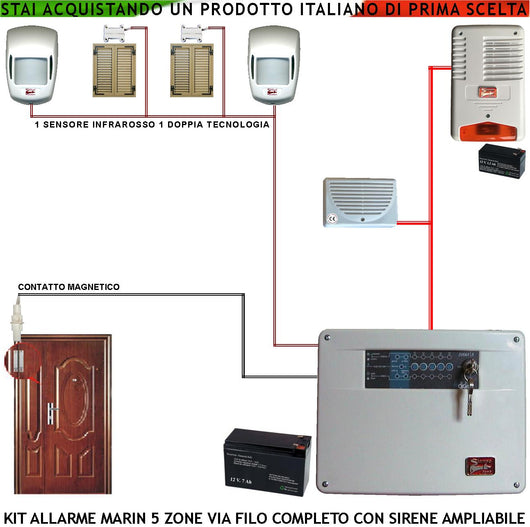 Kit Impianto Antifurto Marin Centrale 5 Zone 2 Sensori di Movimento 2 Contatti Magnetici 1 Contatto Magnetico Per Infissi Metallici Sirena Interna ed Esterna Lampegggiante 2 Chiavi Doppio Profilo