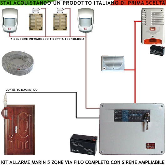 Antifurto Kit Impianto Marin Centrale 5 Zone 2 Sensori di Movimento 2 Contatti Magnetici 1 Contatto Magnetico Per Infissi Metallici Sirena Interna ed Esterna Lampegggiante 2 Chiavi Cavo 2+4 100 MT