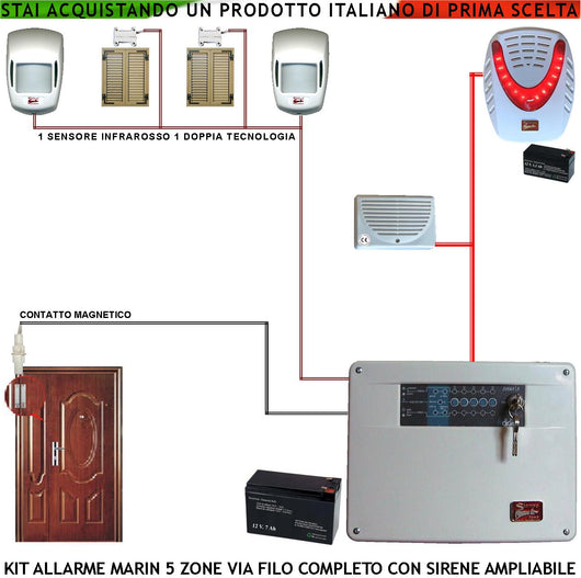 Impianto Antifurto Kit Marin Centrale a 5 Zone 2 Sensori di Movimento 2 Contatti Magnetici 1 Contatto Magnetico Per Infissi Metallici Sirena Interna ed Esterna Lampegggiante 2 Chiavi Doppio Profilo