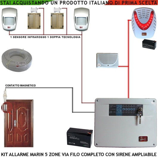 Kit Impianto Antifurto Marin Centrale a 5 Zone 2 Sensori di Movimento 2 Contatti Magnetici 1 Contatto Magnetico Per Infissi Metallici Sirena Interna ed Esterna Lampegggiante 2 Chiavi Cavo 2+4 100 MT