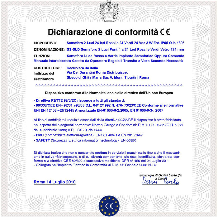 Kit Impianto 4 Semafori Condominio 4 Ingressi Uscite Semaforo 2 Luci 24 Led Rossi e 24 Verdi 24 Vac IP65 Centrale Tempi Regol. da 0,5 a 3 Minuti Prenotazione Ordine di Arrivo Con 4 Coppie Fotocellule