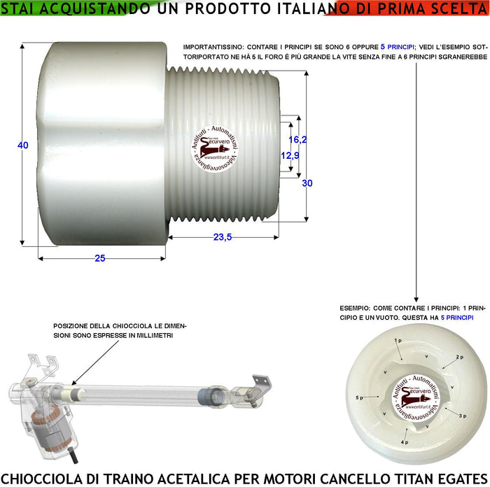 Chiocciola Acetalica Boccola 5 Principi Trainata dalla Vite Senza Fine fa Scorrere Avanti Dietro lo Stelo Apricancello dei Pistoni Titan Ricambio Dei Motori Elettrici Cancello Automatico Gates MPC GR