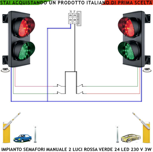 Impianto Semaforo Funzione Manuale 2 Semafori 24 Led Rossi 24 Led Verdi 230 V 50 Hz 3 W Frontalino Vetro Luce Puntiforme Ø 124 mm IP65 Orientabile 180° Controllo Autolavaggi Pesatura Automezzi Garage