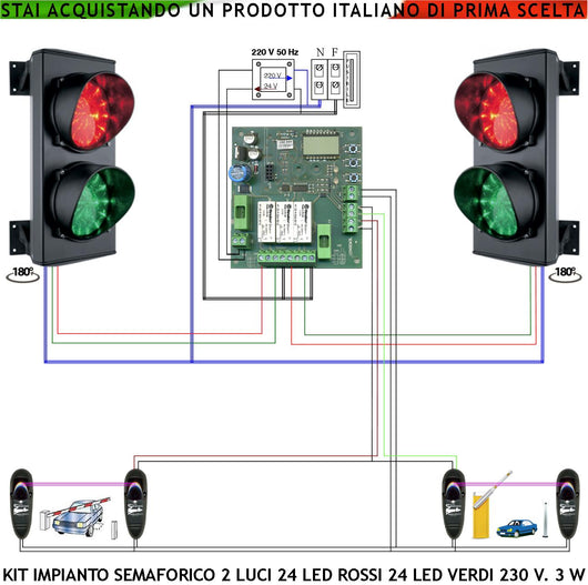 Kit Semafori 2 Luci Semaforo Orientabile IP65 Schede 24 Led Rossi e 24 Verdi Centrale Funzioni Gestite da 2 Fotocellule Tempi Regolabili da 8 a 120. Traffico Condominio Lavaggio Alimentazione 230 V 3W