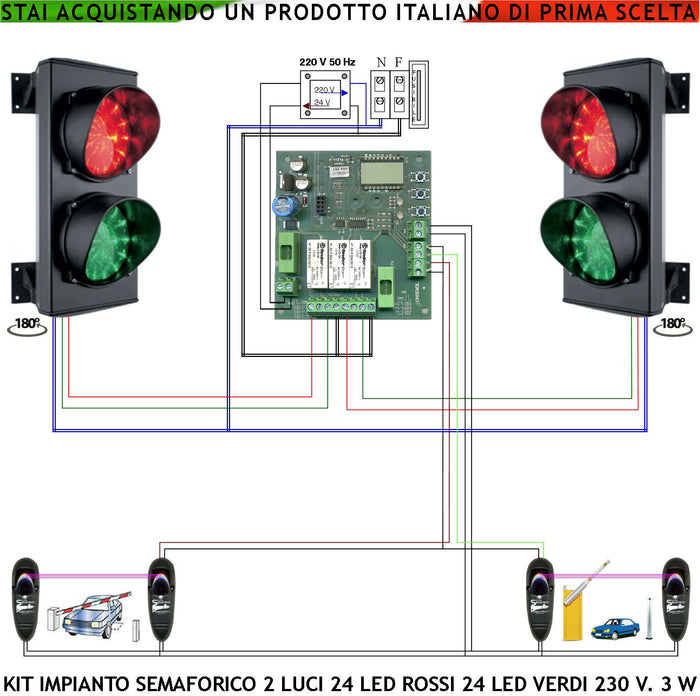 Semaforo Rampa Garage Kit 2 Semafori Orientabili IP65 2 Luci Schede 24 Led Rossi e 24 Verdi Funzioni Gestite da 2 Fotocellule Tempi Regolabili da 8 a 120. Alimentazione 230 V 3W Traffico Condominiale