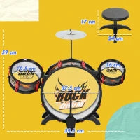 Set Batteria Giocattolo per Bambini con Sgabello, Gioco Musicale per Bambini 3-6 Anni, Nero