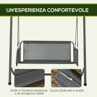Dondolo da Giardino 2 Posti con Cuscini e Tasche, in Acciaio e Textilene, 168x117x181 cm, Grigio Scuro