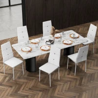 Set di 6 Sedie da Pranzo Rivestite in PU con Schienale Alto con Bottoni e Gambe in Acciaio Design Moderno Bianco