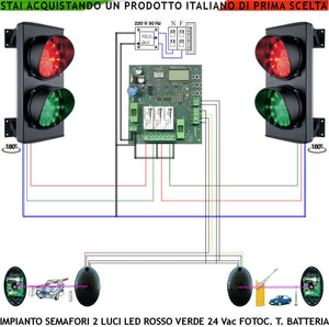 Kit 2 Semafori Orientabili Condominio 24 Led Rossi 24 Led Verdi Lente Ø 124 mm Aliment. 24 Vac 3 W IP65 Tempi Regolabili da 8 a 120 Sec. Prenotazione Ingresso Garage 2 Coppie Fotocellule TX a Batteria
