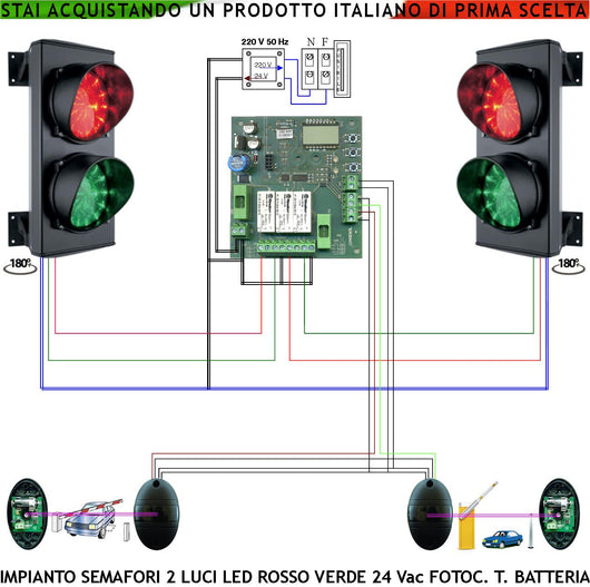 Impianto Semaforico Orientabile 180° x Parcheggio 24 Led Rossi 24 Led Verdi Lente Ø 124 mm Alimen. 24 Vac 3 W IP65 Tempi Regolabili da 8 a 120. Prenotazione Ingresso 2 Coppie Fotocellule TX a Batteria