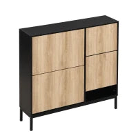 Scarpiera con sgabello per cambio scarpe, 3 ante con ripiani, 100x25x100 cm, Nero e Legno naturale