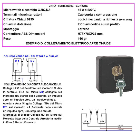 Selettore 2 Pezzi 4 Chiavi Stesso Codice Interruttore Ritorno a Molla 3 Posizioni Apre Stop Chiude 15 A Isolamento 250 V Apertura Condominiale Pedonale Montaggio Esterno a Parete Comando Automatismi