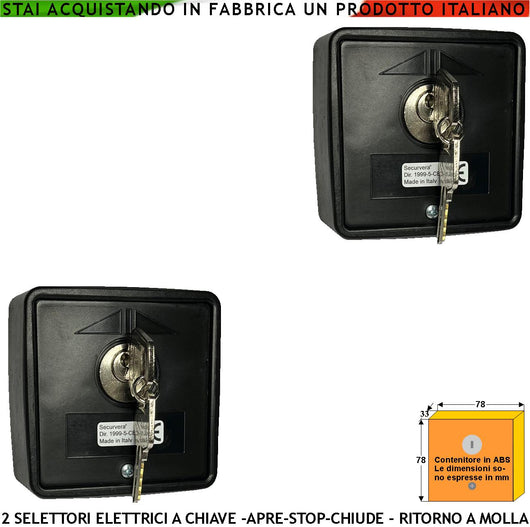 Interruttore o Selettore Ritorno a Molla Due Pezzi 3 Posizioni Apre Stop Chiude 4 Chiavi Codice Unico 15A Isolamento 250 V Comando Automatismi Apertura Condominiale Pedonale Montaggio Esterno a Parete